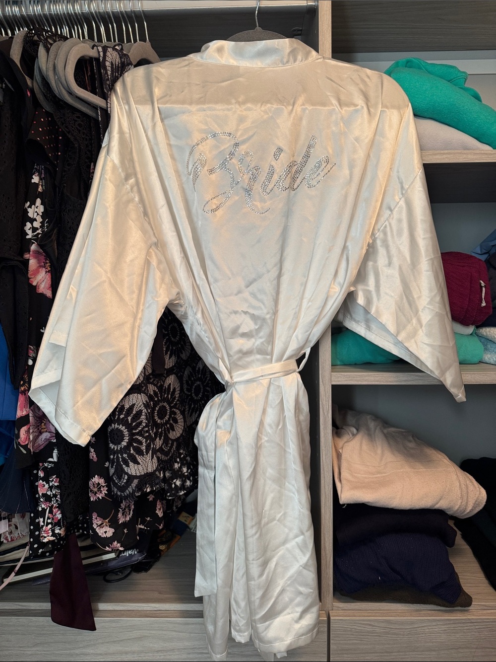 White Satin 'Bride' Robe with Rhinestone Script